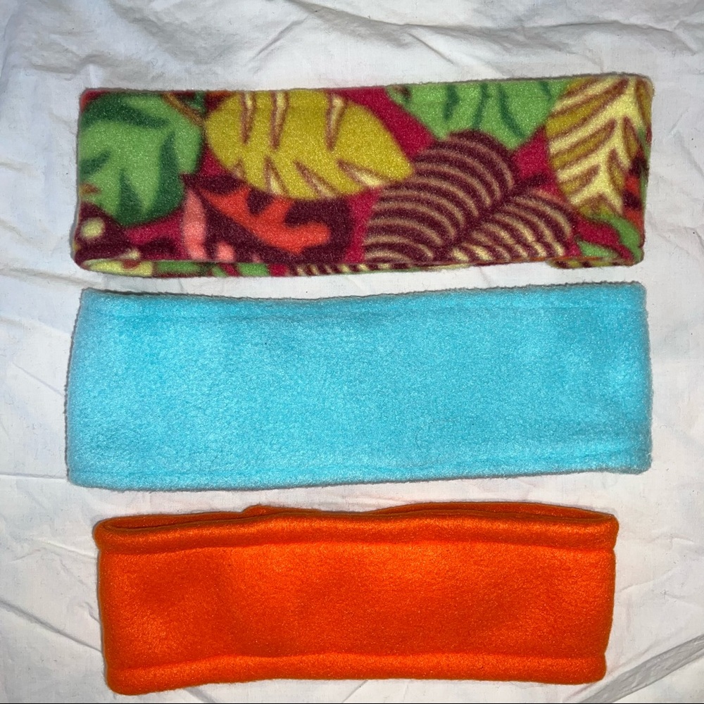 Fleece Headbands - Set of 3 - solid light blue, orange, pink floral
